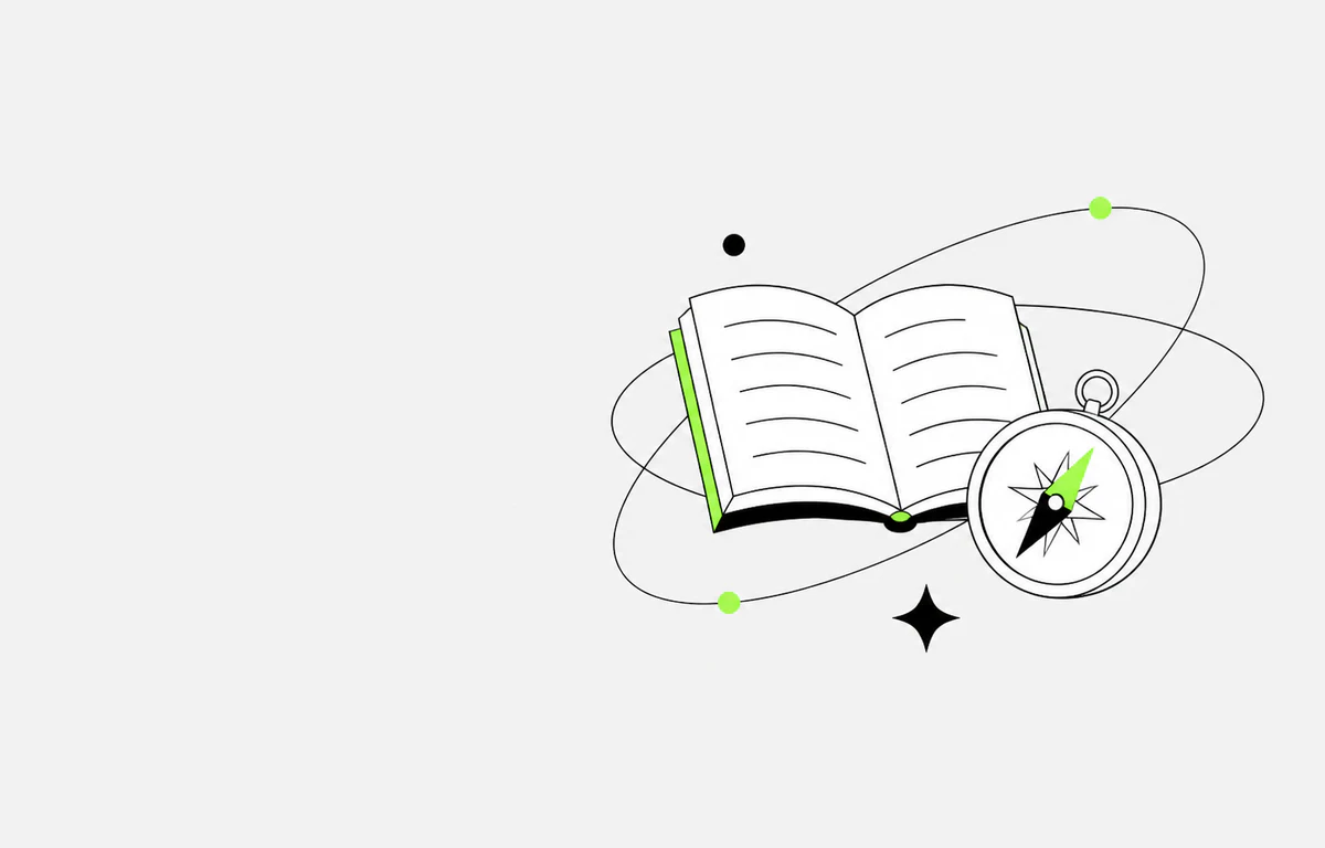 Editorial illustration of an open book, compass, and orbiting ideas